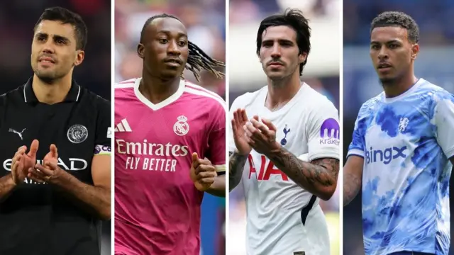Collage of images of Rodri, Yan Diomande, Sandro Tonali and Morgan Rogers