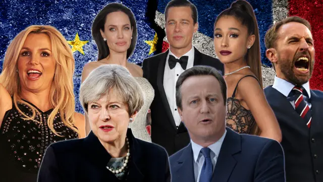 Britney Spears, Angelina Jolie, Brad Pitt, Ariana Grande, Gareth Southgate, David Cameron and Theresa May