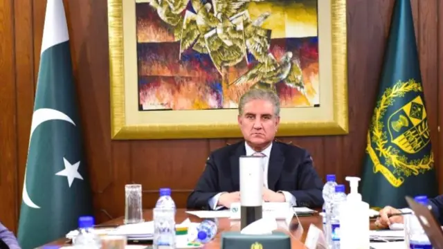 बैठक के दौरान पाकिस्तानी विदेश मंत्री शाह महमूद क़ुरैशी