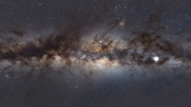 This image shows the Milky Way as viewed from Earth. The star icon shows the position of the mysterious repeating transient.