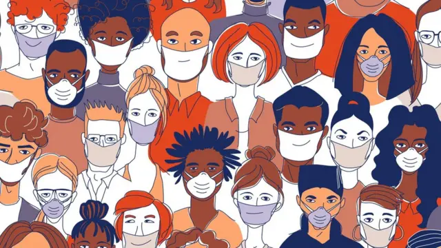 Una ilustración con personas usando mascarillas