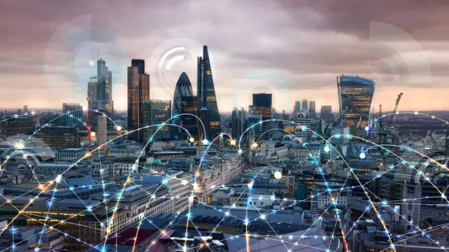 Paisaje de Londres con conexiones wi-fi.