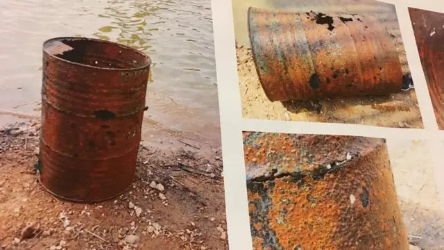 ภาพถังที่พบในอ่างเก็บน้ำและมีกระดูกมนุษย์อยู่ภายใน