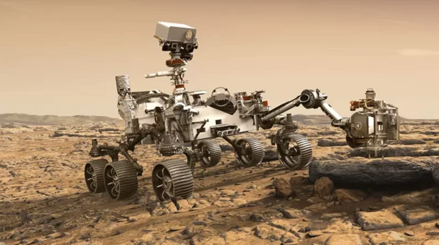 ภาพจำลองหุ่นยนต์ตระเวนสำรวจ “เพอร์เซเวียแรนซ์” ขณะปฏิบัติภารกิจบนดาวอังคาร