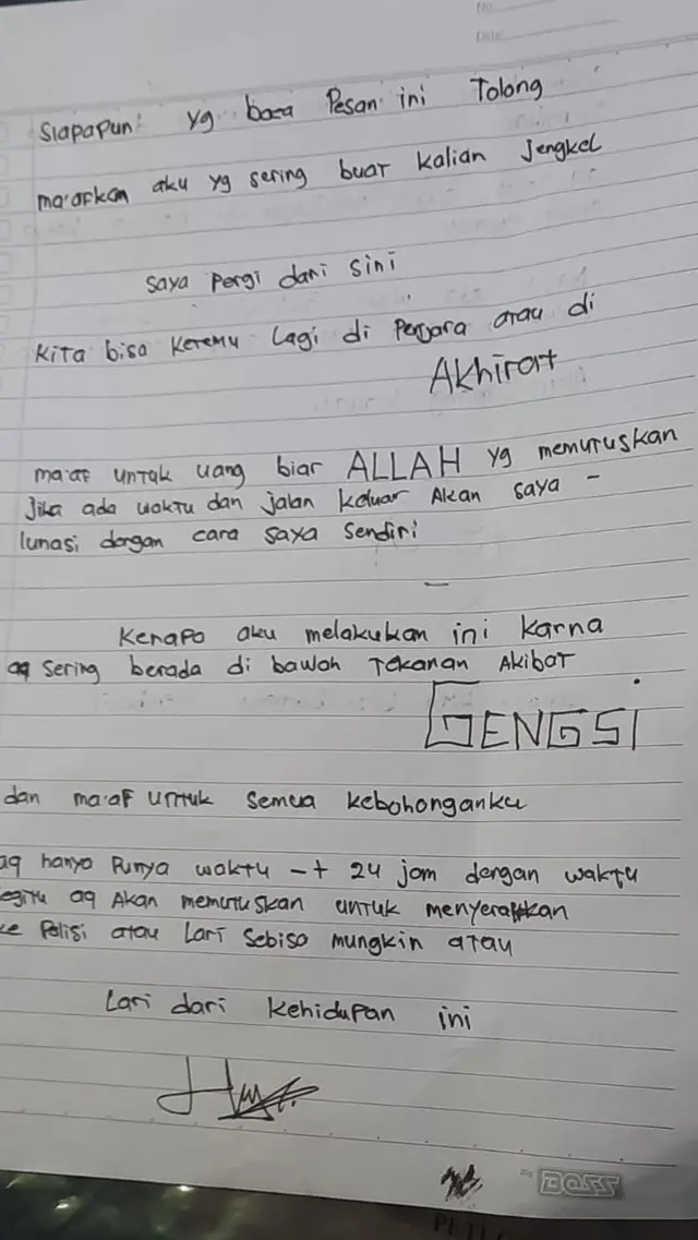 Surat pelaku mutilasi HP, di Kaliurang, Yogyakarta. 