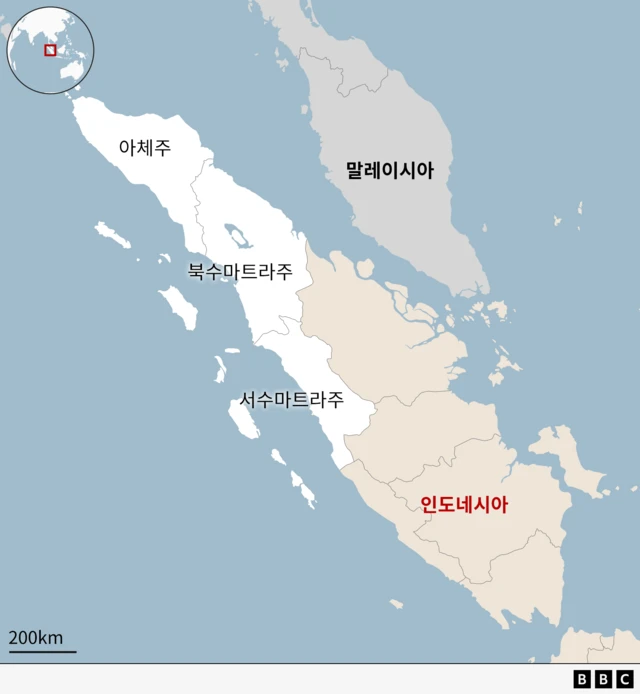 홍수 피해가 가장 큰 지역(아체, 북수마트라, 서수마트라) 지도