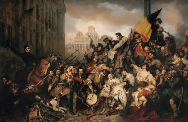 Episodio de las Jornadas de Septiembre de 1830, en la Grand Place de Bruselas, 1835. Se encuentra en la colección de los Museos Reales de Bellas Artes de Bélgica, Bruselas. Creador: Gustave Wappers (1803-1874).