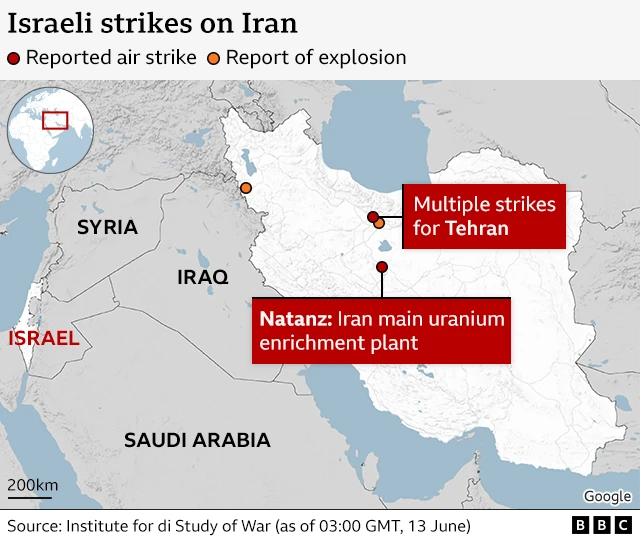 Image wey show map of wia di strikes happun