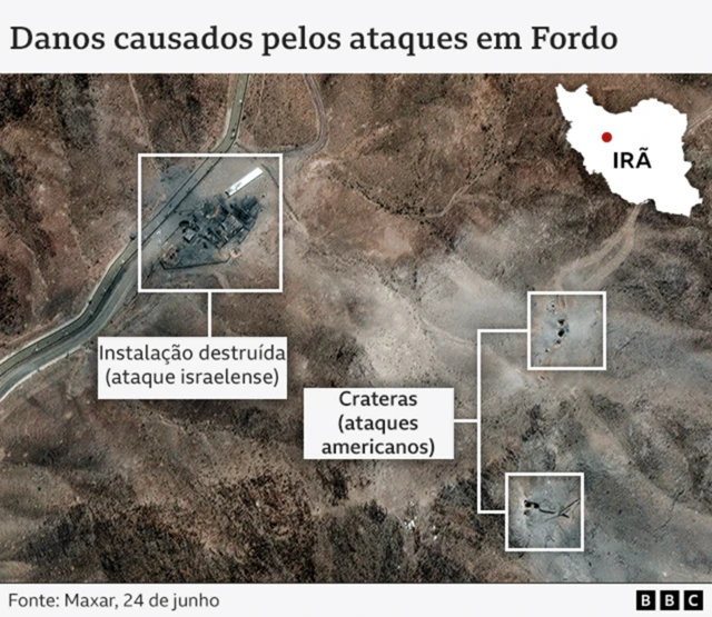 Imagem de satélite da empresa Maxar exibe danos à instalação nuclear de Fordo, com crateras e uma construção destruída