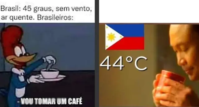 Imagem mostra pica-pau falando que vai tomar café mesmo no calor; à esquerda, homem toma chá no calor das filipinas