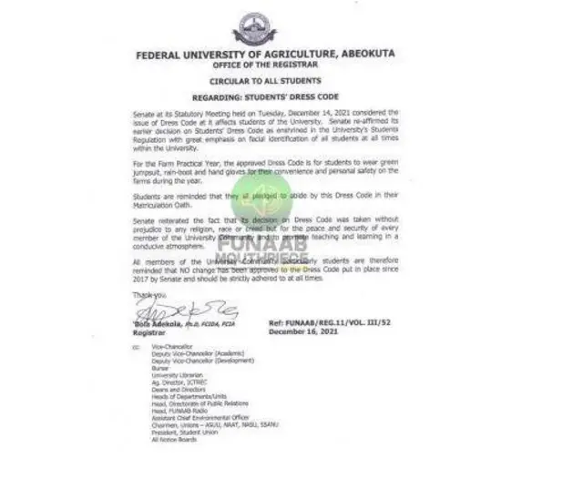 Ikede ti ileẹkọ FUNAAB se lori asọ wiwọ lọdun 2021