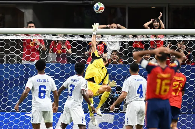Vozinha alza la mano para detener un balón enviado por jugador vestido con la camiseta de España.