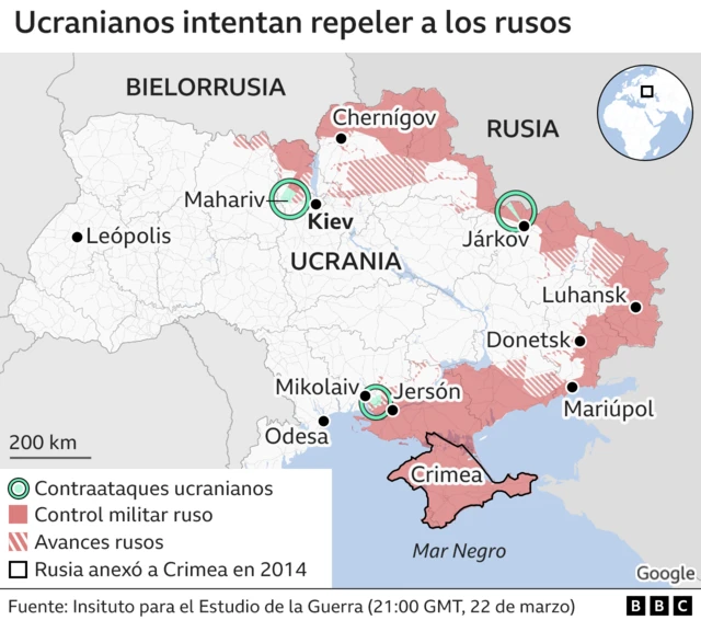 Mapa de Ucrania que muestra la resistencia ucraniana contra las fuerzas rusas