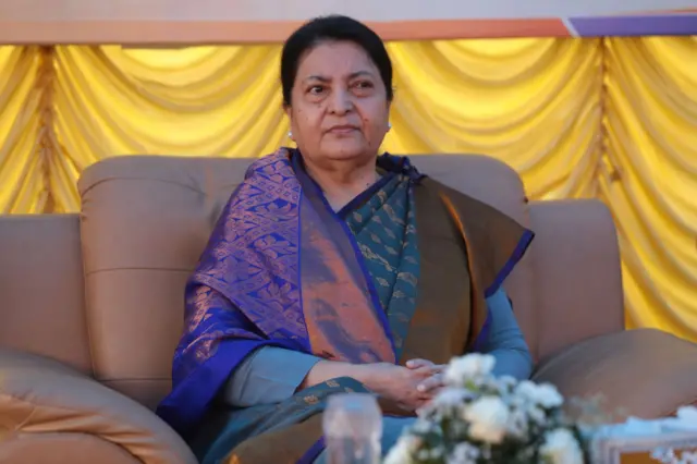 एउटा कार्यक्रममा नीलो रङ्गको सारी लगाएर पूर्वराष्ट्रपत विद्या भण्डारी सोफामा बसेकी छन् 