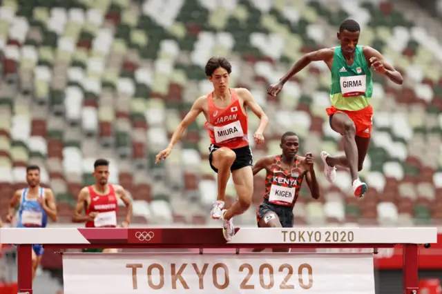Lamecha Girma of Team Ethiopia competes during round one of the Men's 3000m Steeplechase heats on day seven of the Tokyo 2020 Olympic Games