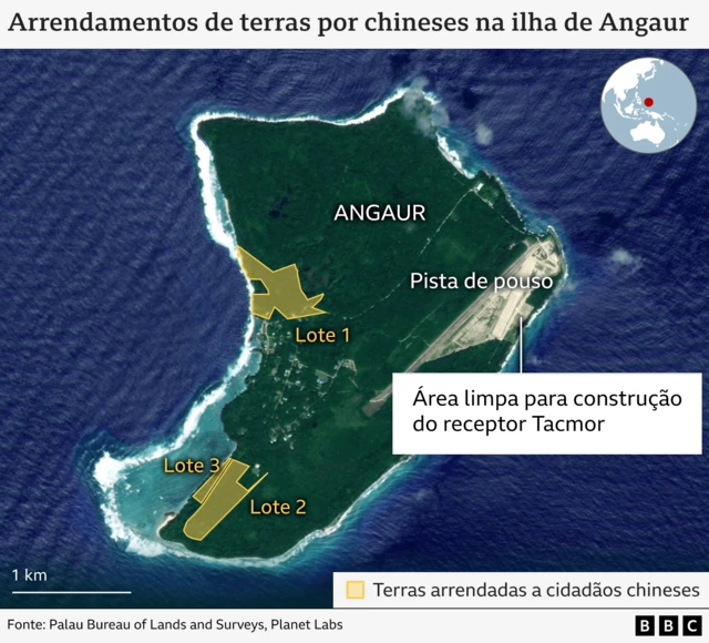 Empresas chinesas arrendaram terrenos próximos a instalações militares dos EUA, despertando preocupação em Washington sobre o objetivo desses arrendamentos. Este mapa mostra as áreas arrendadas a cidadãos chineses na ilha de Angaur