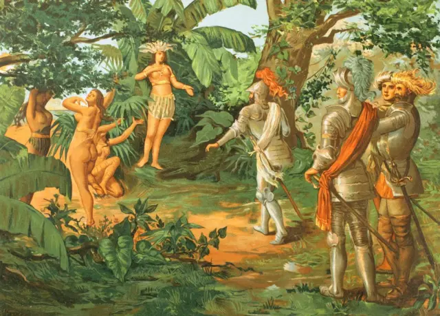 La líder taína Anacaona, "Flor de oro" (1474-1503), dándoles la bienvenida a los españoles. Cromolitografía. "La Civilizacion" (The Civilization), volumen III, 1882. (Foto de: Universal History Archive/ Universal Images Group via Getty Images).