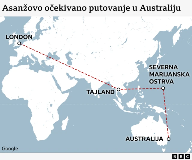 Mapa moguće putanje Asanža ka Australiji