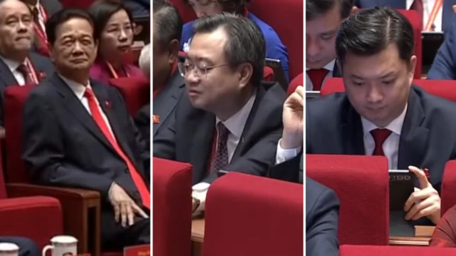 Phiên khai mạc chính thức Đại hội 14. Từ trái qua: ông Nguyễn Tấn Dũng, ông Nguyễn Thanh Nghị, ông Nguyễn Minh Triết