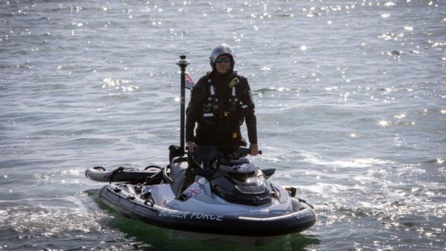 Border Force officers patrol the Kent coastline using personal water crafts on the 8th of October 2021 in Folkestone, United Kingdom. The Home Office has begun using Jet Skis or personal water crafts to move along the coast quicker and intercept small boats used by asylum seekers to cross the channel from France.