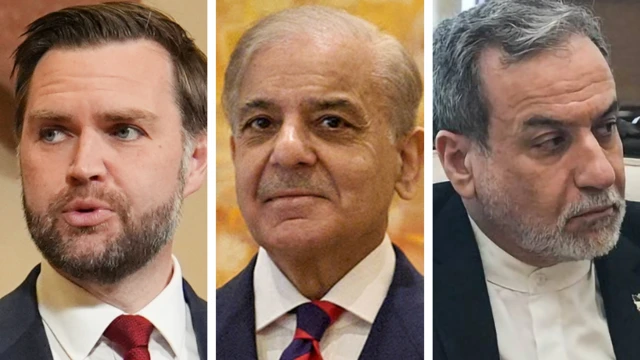 अमेरिका के उपराष्ट्रपति जेडी वेंस (बाएं), पाकिस्तान के प्रधानमंत्री शहबाज़ शरीफ़ (बीच में) और ईरान के स्पीकर बाक़र क़ालीबाफ़ (दाएं)