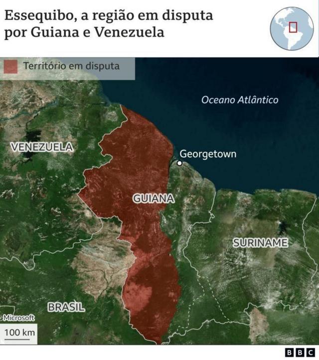 Mapa mostra região de Essequibo entre Venezuela e Guiana