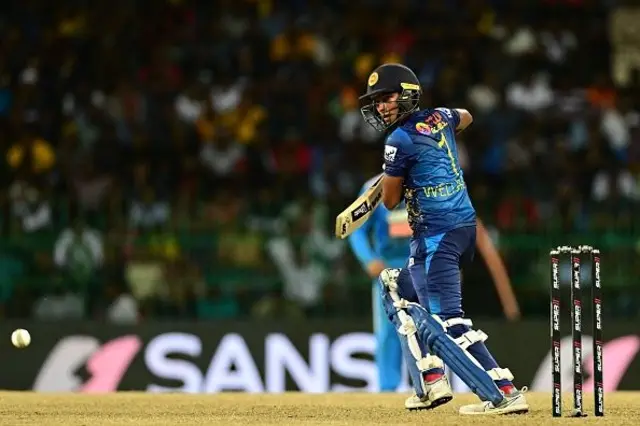 Sri Lanka's Dunith Wellalage plays a shot during the Asia Cup 2023 Super Four one-day international (ODI) cricket match between India and Sri Lanka at the R. Premadasa Stadium in Colombo on September 12, 2023