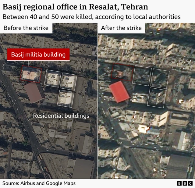 Before and after satellite images showing the destruction of a Basij building and three residential buildings. The buildings are visible in the image on the left and have been reduced to rubble in the image on the right.