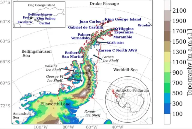 Мапа проєкту з вивчення теплих "антарктичних рік" на Антарктичному півострові, станція "Академік Вернадський" – одне з місць спостережень, журнал Nature