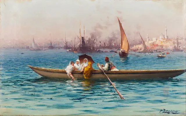 Fausto Zonaro'nun tablosunda, 1800'lerin sonunda kayıkla Boğaz'da gezen kadınlar.