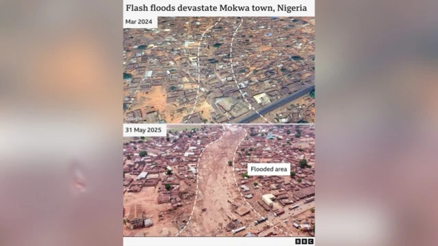 Attached here na di March 2024 Google Earth and BBC drone images from di location showing two views of bifor and afta