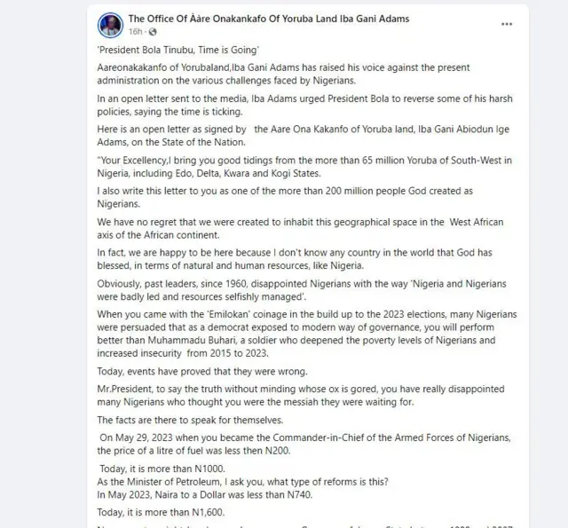 Aworan lẹta Gani Adams si Tinubu