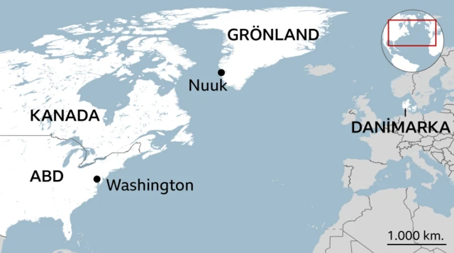 Grönland'ın Amerika ve Avrupa kıtaları arasındaki yerini gösteren bir harita