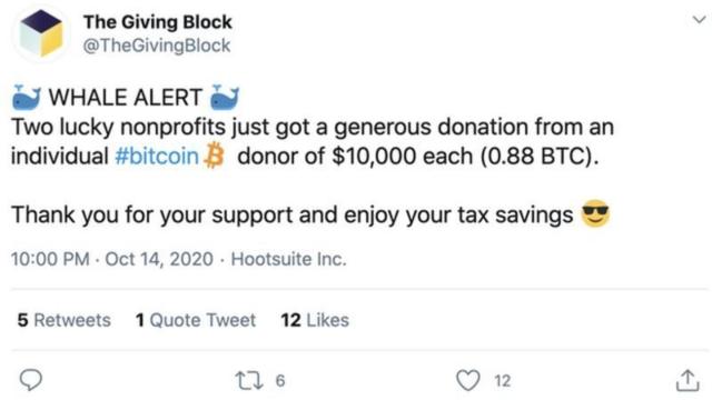 加密货币捐款平台The Giving Block推文感谢捐款