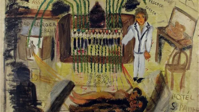 Un óleo muestra a una pareja en la cama y una extraña máquina a su lado