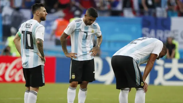 Lionel Messi (L) of Argentina reacts after the FIFA World Cup 2018 round of 16 soccer match between France and Argentina in Kazan, Russia, 30 June 2018. Argentina lost the match 3-4