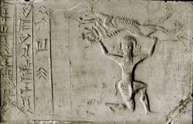 Un sceau datant du 9e ou du 7e siècle avant JC montre Gilgamesh apprivoisant un lion.