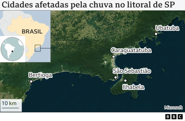 Mapa das cidades afetadas pelas chuvas no litoral de SP