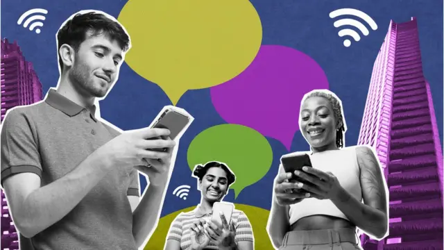 হাতে স্মার্ট ফোন কিছু তরুণের ছবি - শিল্পীর আঁকা