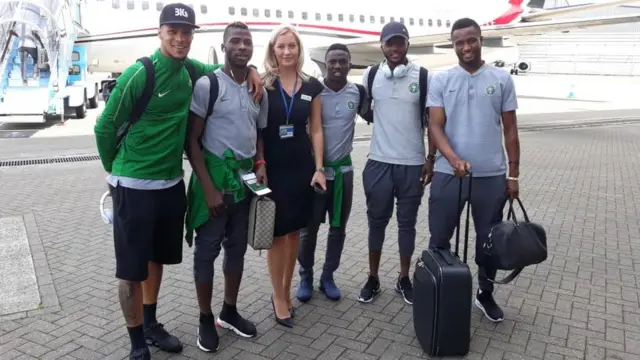 Super Eagles team members as dem land Austria on Sunday.