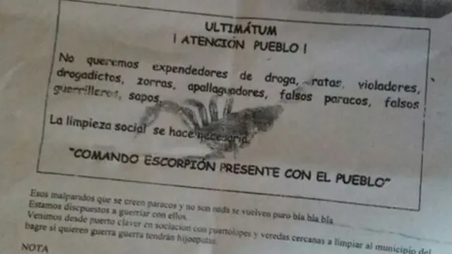 Panfleto amenazante que circuló en El Bagre, Antioquia.