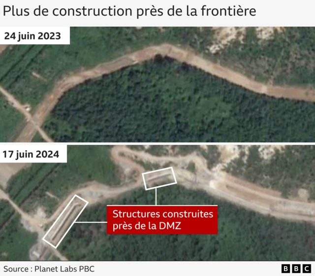 Deux images satellite montrent avant et après la construction de sections de ce qui semble être un mur près de la frontière nord-coréenne.