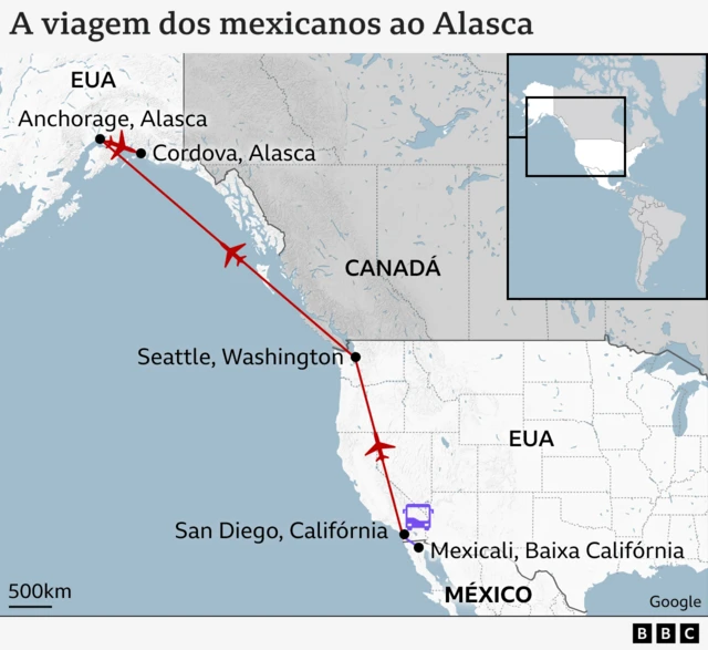 A imagem é um mapa que mostra a rota desde San Diego, na Califórnia, até o Alasca. 