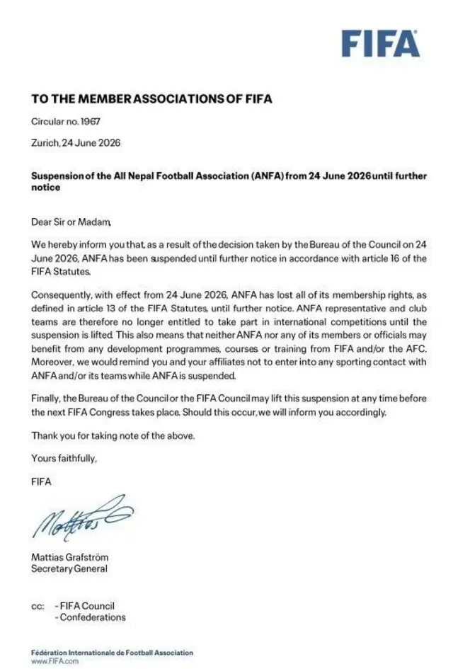 Fifa letter to ANFA 