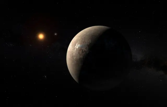 Kızıl cüce yıldız Proxima Centauri'nin yörüngesinde bulunan Proxima b gezegeninin bir sanatçı tarafından yapılmış tasviri.