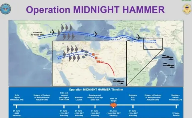 Презентація на брифінгу в Пентагоні, на якій показані американські бомбардувальники B-2, що злітають з авіабази Вайтмен у Міссурі