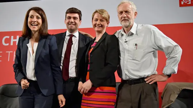 簡麗詩(Liz Kendall)、貝安德、顧綺慧(Yvette Cooper)和郝爾彬。貝安德身穿深色西裝、白色襯衫和深紅色領帶。郝爾彬穿着淺灰色襯衫,最上方鈕扣鬆開,沒有打領帶。他的上衣口袋裡插着幾支筆。
