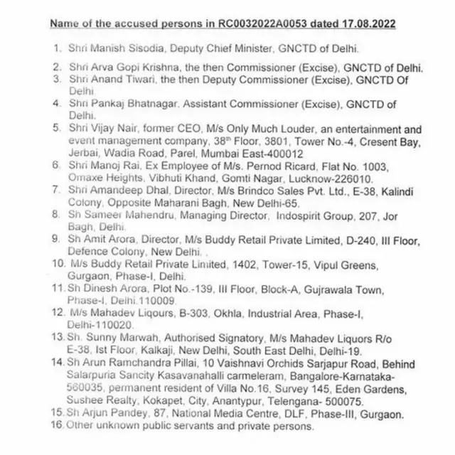 ਇਸ ਐੱਫਆਈਆਰ ਵਿੱਚ ਸਿਸੋਦੀਆ ਸਮੇਤ ਕੁੱਲ ਪੰਦਰਾਂ ਨਾਮ ਹਨ