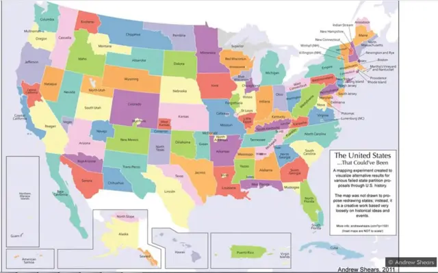 Mapa de Estados Unidos con 124 estados.