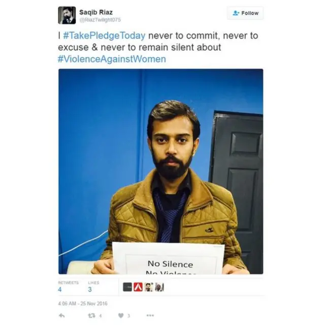 ثاقب ریاض در توییتر همراه با انتشار عکسی از خود نوشته ای در دست گرفته و توییت کرده: من قول می دهم هرگز مرتکب خشونت علیه زنان نشوم و و یا در صورت شاهد بودن سکوت نکنم.